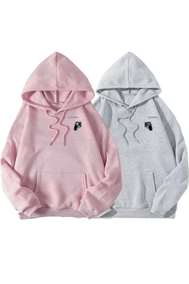 Pamuklu Player Sevgili Çift Kombin - Pembe Gri Baskılı Oversize Kapüşonlu Sweatshirt - 2