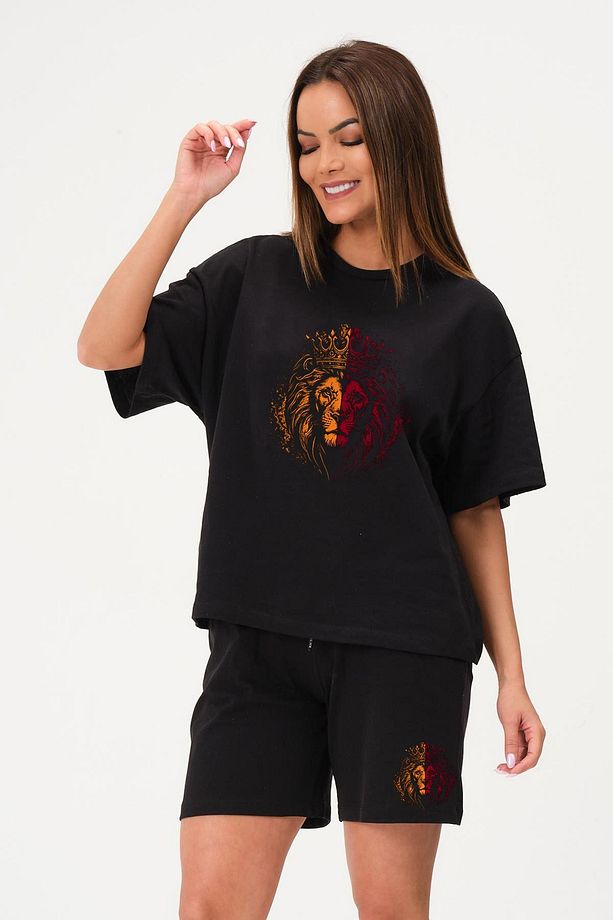 Unisex Sarı Kırmızı Aslan Baskılı Siyah Şort Siyah Oversize Tişört Alt Üst Takım Yazlık Şort Tişört - 6