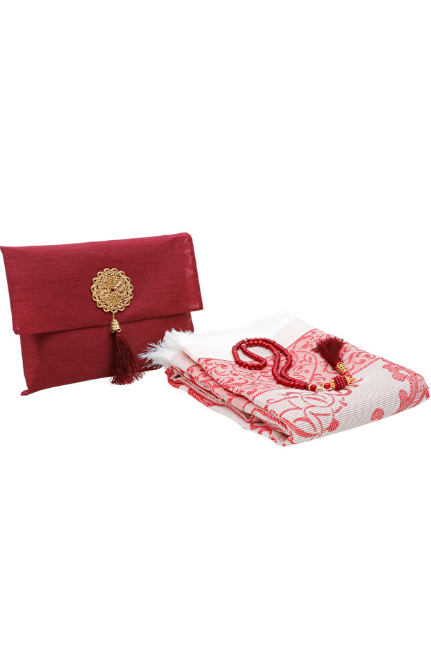 Shantuk Taffeta Prayer Rug and Pearl Vavli Prayer Beads Set, Portable Prayer Set, Gift Set