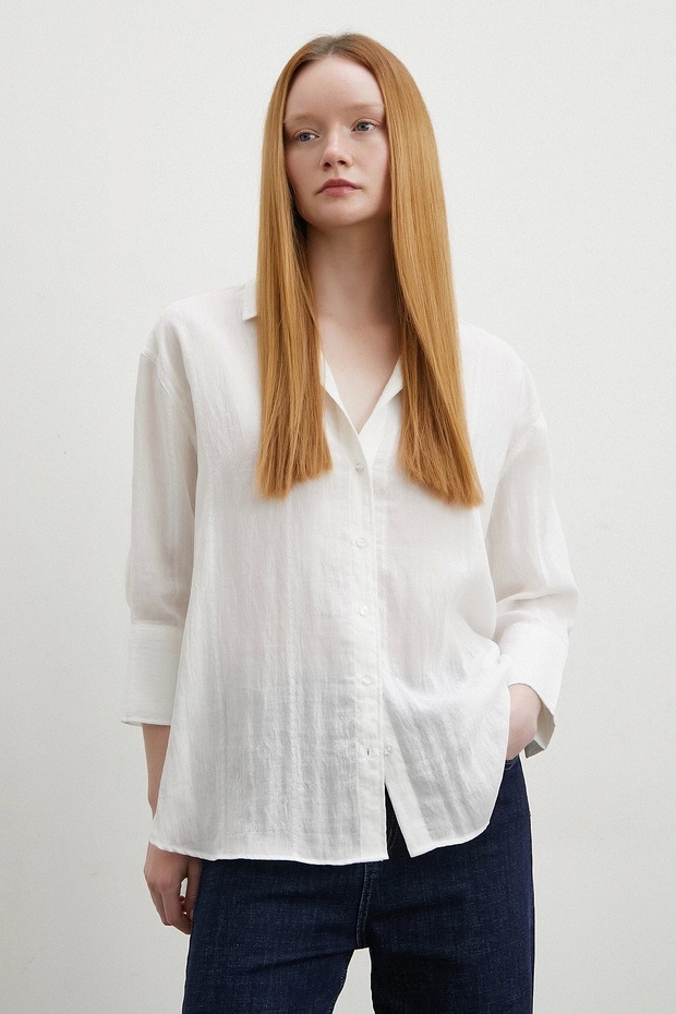 Çift İğneli Pamuklu Gömlek Beyaz - 4