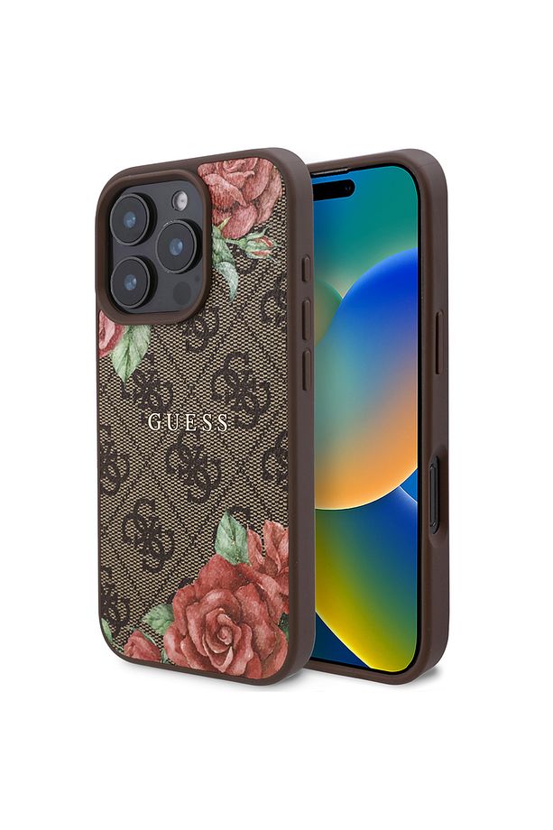iPhone 16 Pro Kılıf Guess Lisanslı Magsafe Şarj Özellikli Gül Baskılı Yazı Logolu Kapak Kahverengi - 1