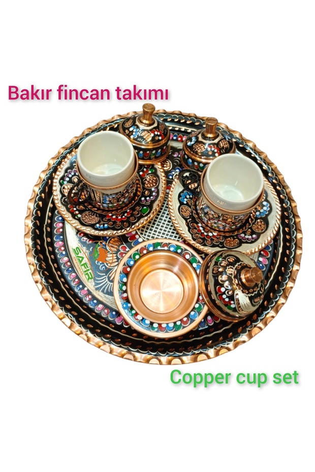 Bakır Kahve Fincan Takımı Bakır Kahvelik 2 kişilik bakır kahve fincan takımı Siyah Hicivli model - 4