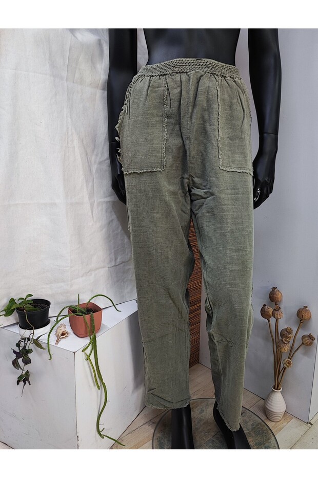 Organic Cotton Linen Mesh Embroidery Detail Pocketed Carrot Pants