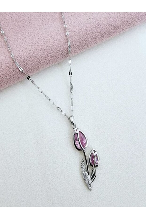 Çelik Pembe Lale Modelli Kolye - 1