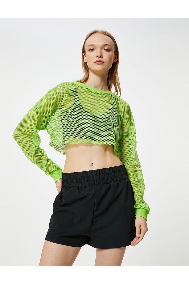Oversize File Spor Tişört Crop Uzun Kollu Bisiklet Yaka - 2