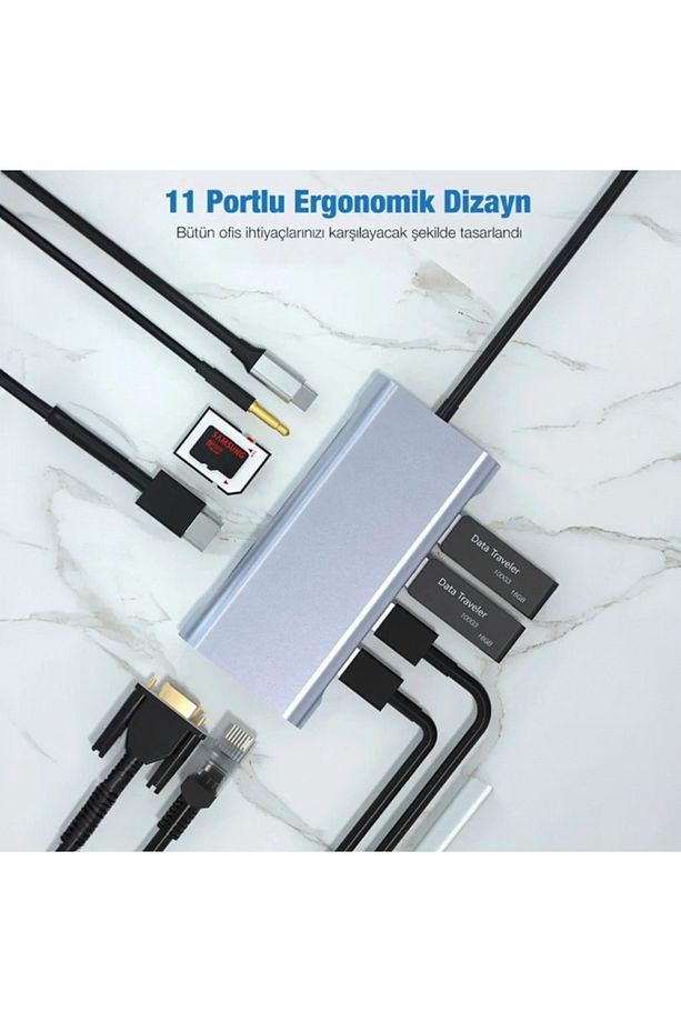 11in1 Type-c to Usb Hdmı 4xUsb Rj45 Hdmi Vga Sd Tf Card Çevirici Adaptör - 5