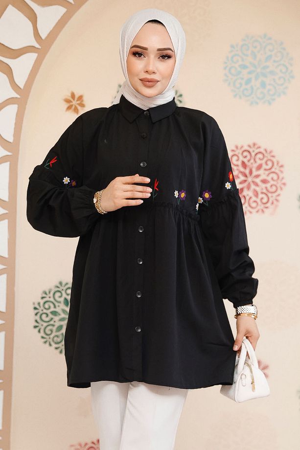 Nakış Desenli Siyah Tesettür Tunik 40603S - 3