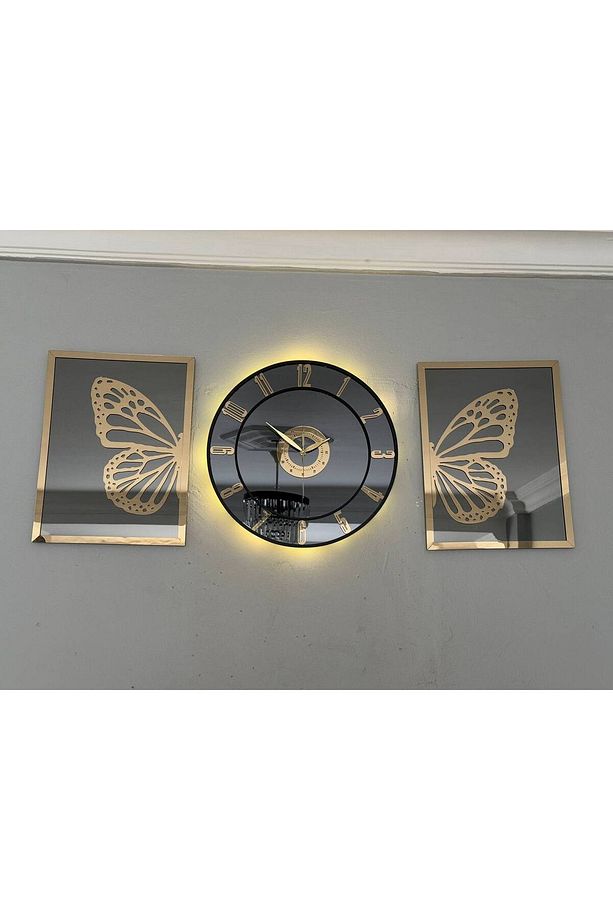 Aynalı Model 2 Li Kelebek Tablo Ve Saat Seti 40 - 6