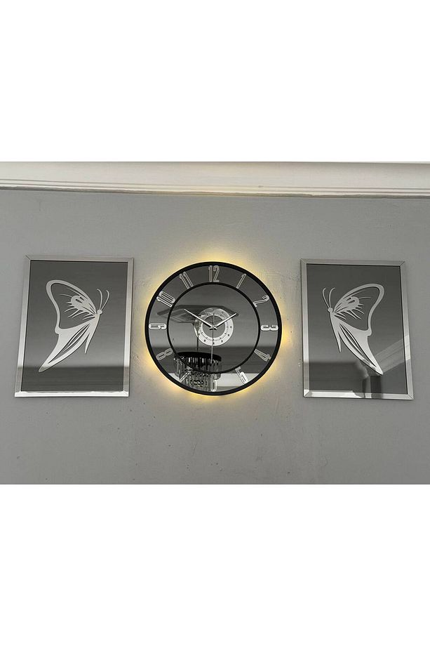 Aynalı Model 2 Li Kelebek Tablo Ve Saat Seti 40 - 3