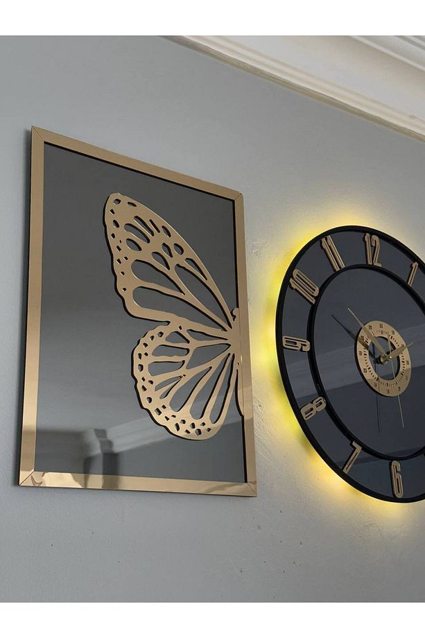 Aynalı Model 2 Li Kelebek Tablo Ve Saat Seti 40 - 4