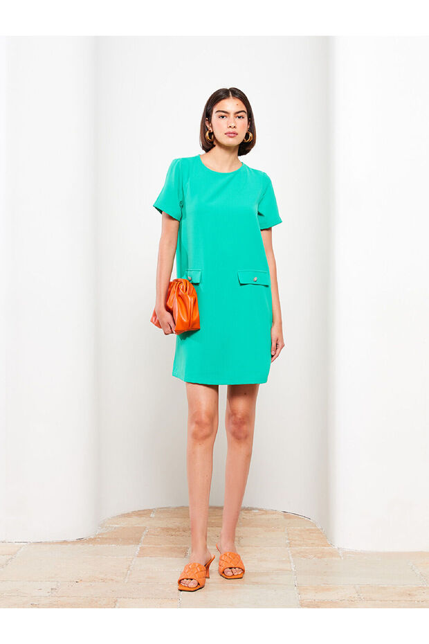 Crew Neck Straight Short Sleeve Crepe Women's Dress