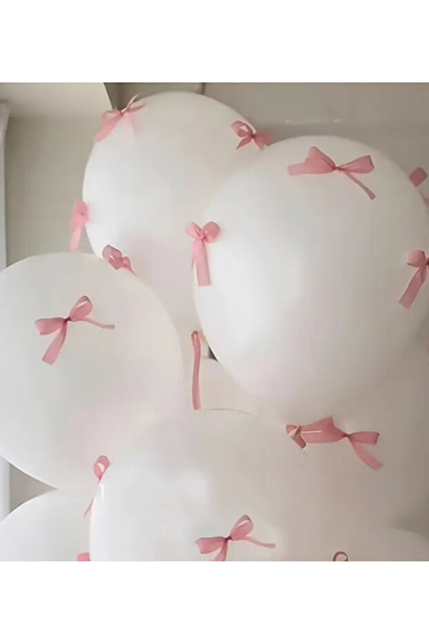 White Latex Balloon with Pink Bow 10 Pieces 12 Inches