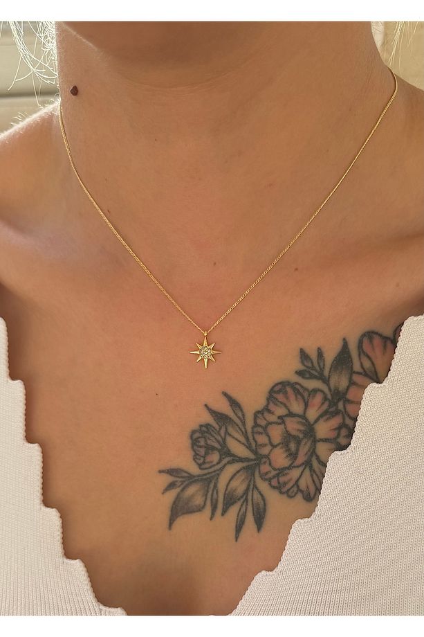 Zircon taşlı kuzey yıldızı minimal gold kalp kolye - 1