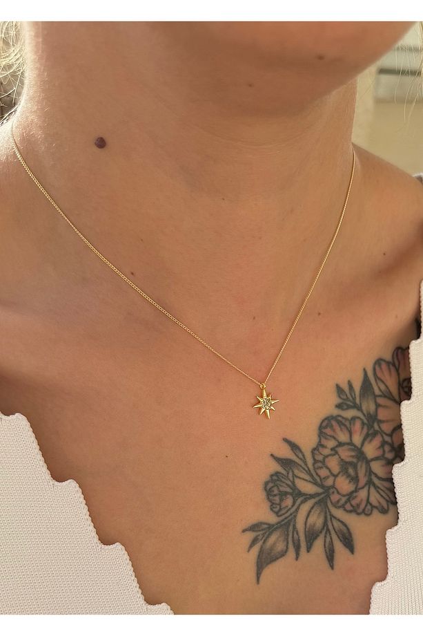 Zircon taşlı kuzey yıldızı minimal gold kalp kolye - 2