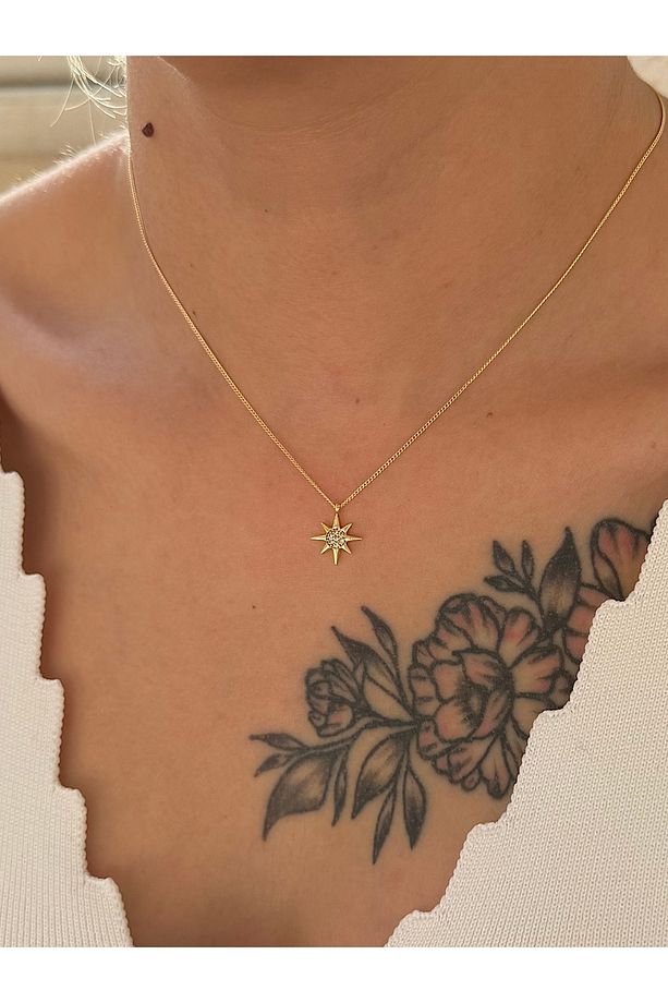 Zircon taşlı kuzey yıldızı minimal gold kalp kolye - 3