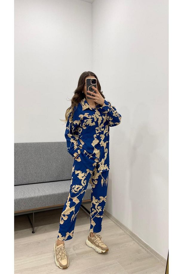 KADIN DESENLİ BÜRÜMCÜK UZUN GÖMLEK PANTALON TAKIM - 4
