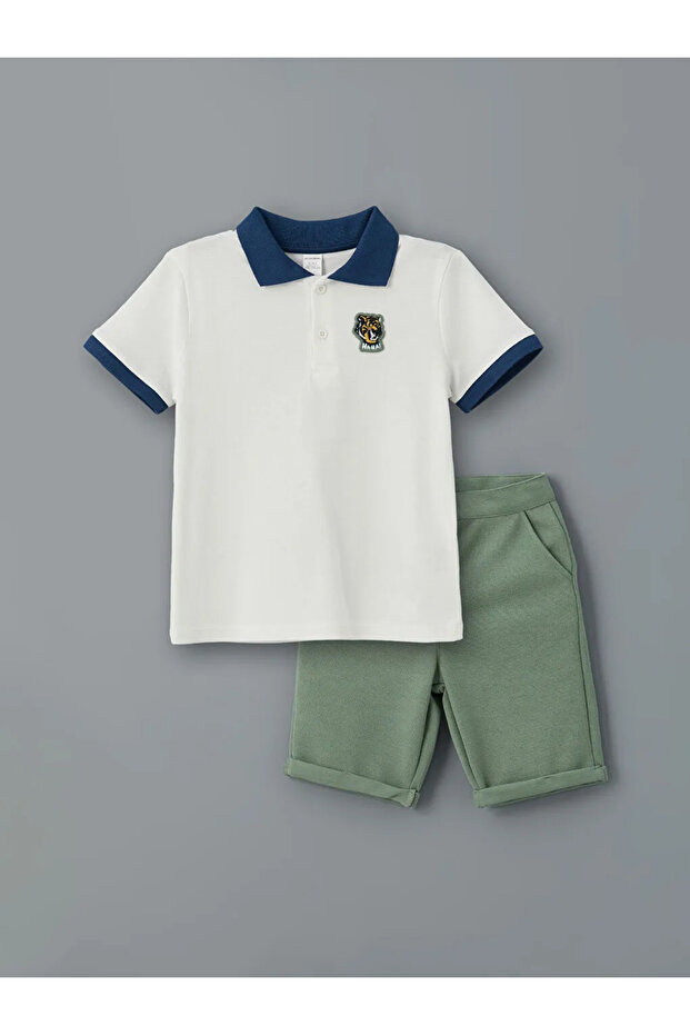LCW Kids Ekru Polo Yaka Nakışlı Erkek Çocuk Tişört ve Şort 2'li - 1