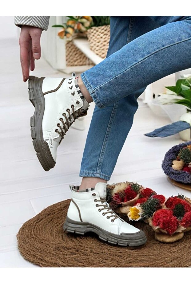 Women's Boots Microfiber Leather Orthopedic Crepe Sole Elastic Ankle Boots Beige Color