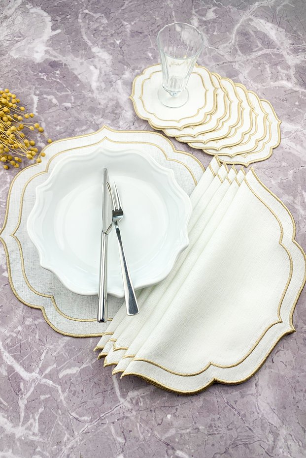 Cream Beige Colored Double Fold Embroidered 12-Piece Set Placemat and Cocktail Napkin