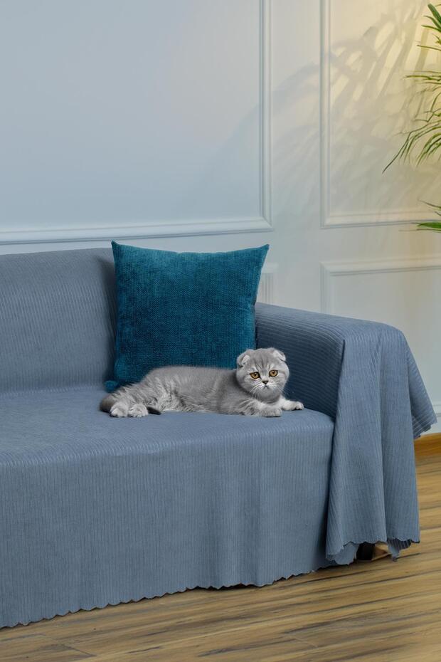 Chenille Corded Minimalist Sofa Cover -175X350 cm Xlarge, Double-Sided, Non-Slip, Anti-Sweat Blue