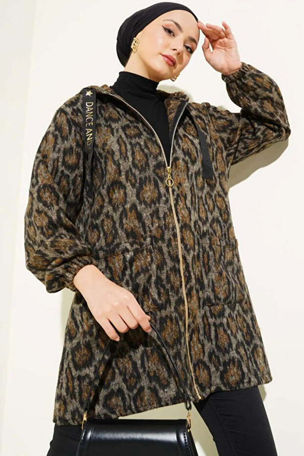 Hooded Mink Leopard Print Wide Fit Long Stamp Jacket