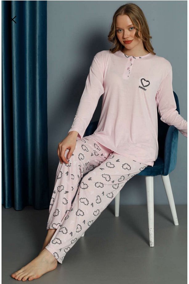 Kalp Süslemeli Viskon Pijama Takımı - 2
