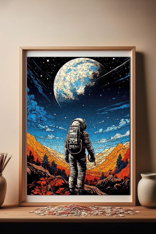 Ahşap Puzzle Uzay Yolcusu Benzersiz Parçalı Yapboz 450 Parça Yapıştırıcı Folyo Dahil 29x39 Cm R1-02 - 1