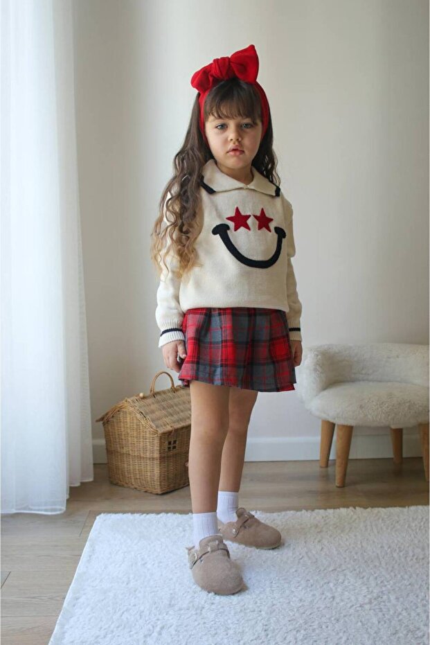 Girl's red plaid knit skort set with smiley face/star embroidery - 2 piece outfit