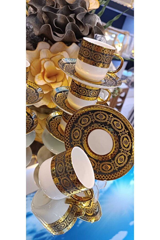 Porcelain Coffee Cup Set with Lenora Solid Embroidered Pattern - 4