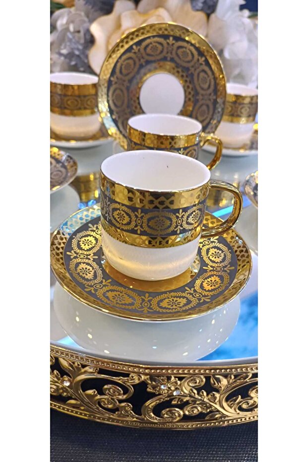 Porcelain Coffee Cup Set with Lenora Solid Embroidered Pattern - 1
