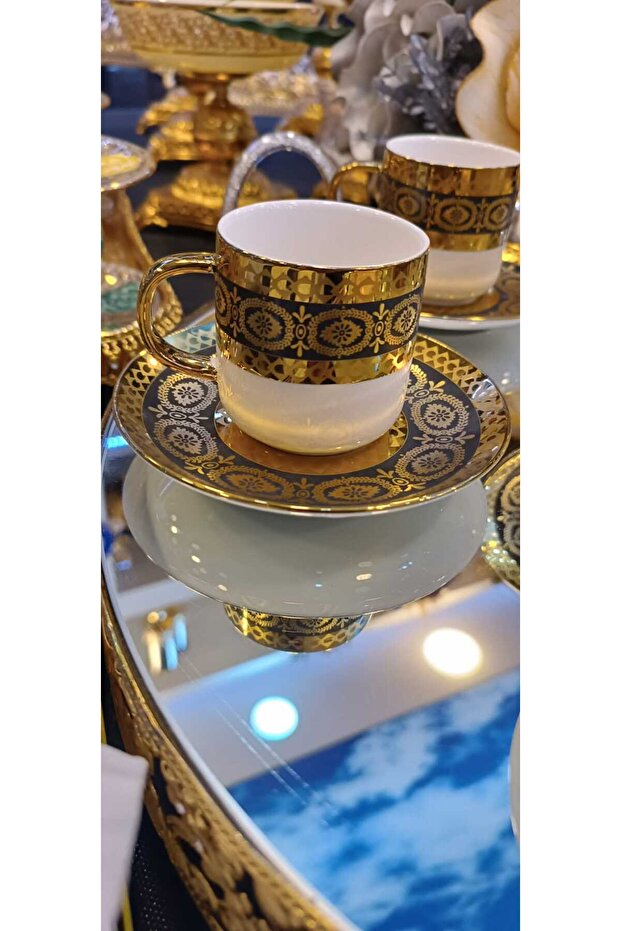 Porcelain Coffee Cup Set with Lenora Solid Embroidered Pattern - 2