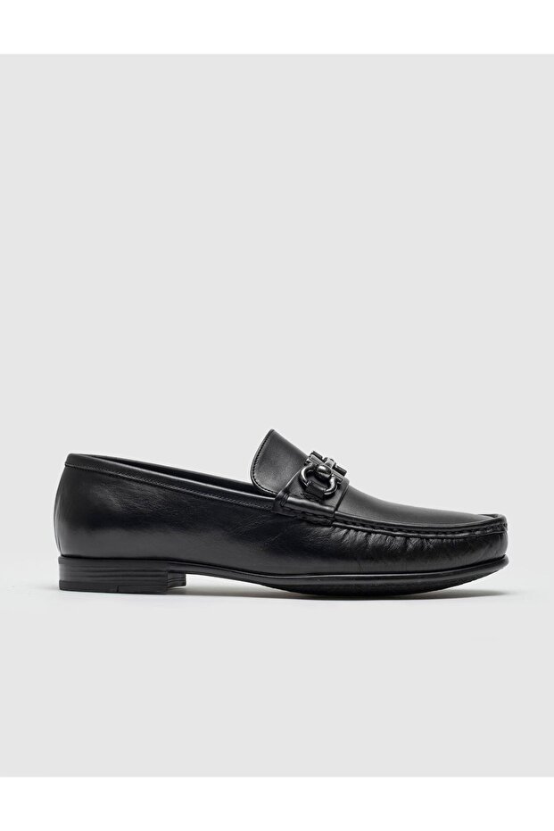 Genuine Leather Black Men's Shoes with Metal Accessories