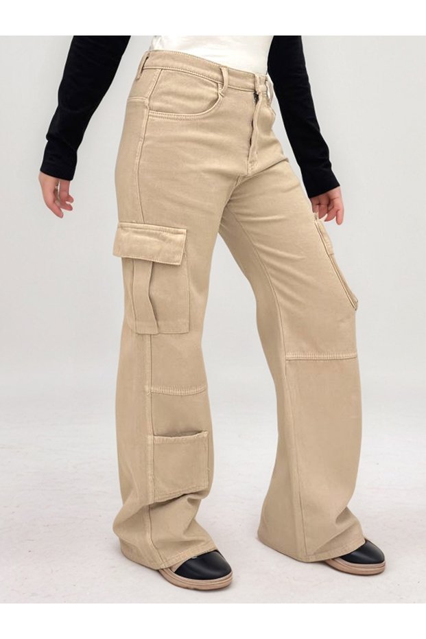 Girls' 100% Cotton Gabardine Pants – Comfortable Wide Leg Cut, Cargo Pockets, and High Waist