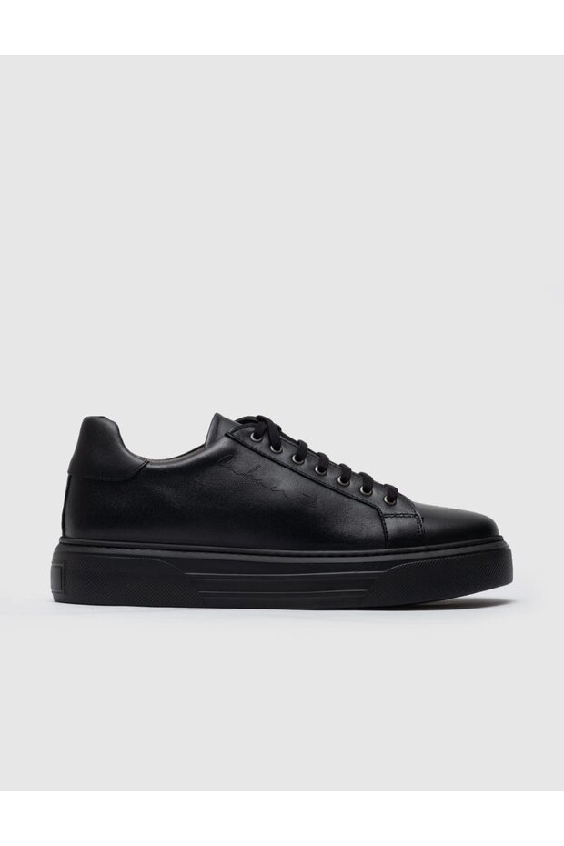 Genuine Leather Black Lace-Up Text Motif Men's Sports Shoes