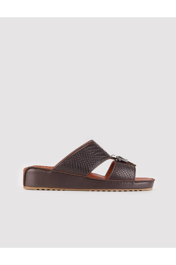 Men's Genuine Leather Brown Slippers with Buckle Detail