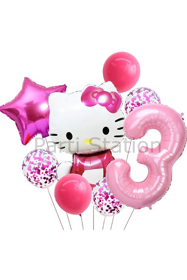 Hello Kitty 3 Yaş Balon Set Yıldız Balon Folyo Set Konsept Doğum Günü Set Yaş Balon Set - 1
