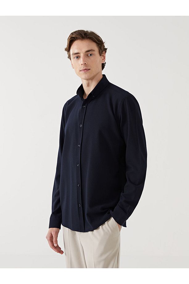 LCW Vision Slim Fit Uzun Kollu Armürlü Erkek Gömlek - 1