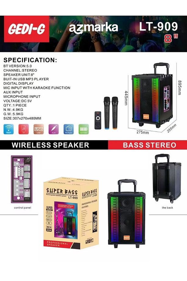Lt-909 Şarjlı Çift Mikrofonlu Hoparlör Karaoke Sistemi Taşınabilir Amfi Bluetooth Hoparlör - 3