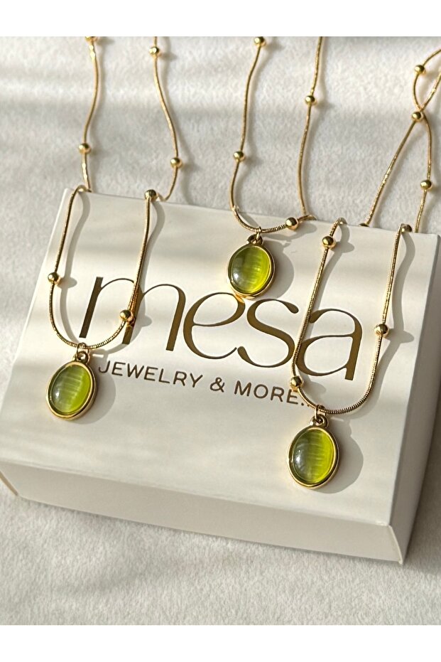 Oval Yeşil Taşlı Çelik Kolye - 1