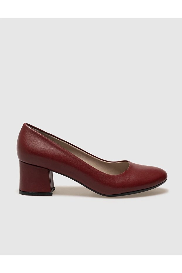 Genuine Leather Claret Red Women's Thick Heeled Shoes
