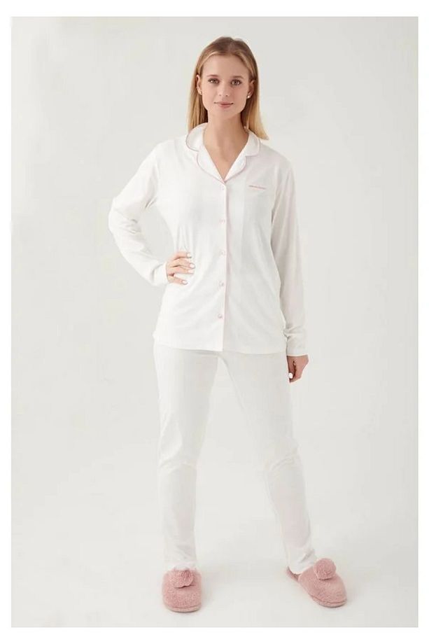 Kadın Krem Pamuklu Modal Boydan Patlı Kutulu Pijama Takımı Q8.U.8O.K2.K.A8.P.C - 1