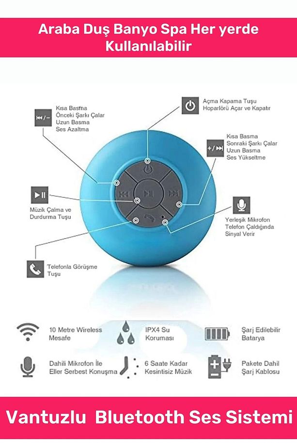 Deluxe Serisi Vantuzlu Su Geçirmez Şarjlı Mini Bluetooth Özellikli Beyaz Duş Kamp Sahil Hoparlörü - 3