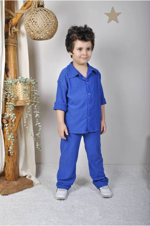 Boy's Wrinkled Fabric Shirt Detailed Double Suit Eid