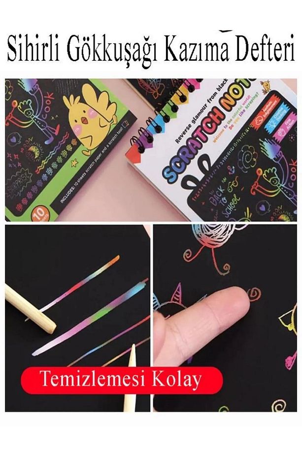 Sihirli Gökkuşağı Kazıma Defteri A6 10x15 cm 1 Paket 10 Sayfa Scratch Note Spralli Siyah Sihirli Res - 2