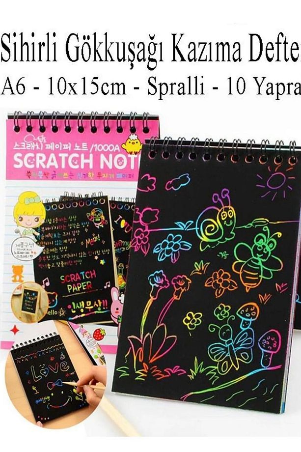 Sihirli Gökkuşağı Kazıma Defteri A6 10x15 cm 1 Paket 10 Sayfa Scratch Note Spralli Siyah Sihirli Res - 1