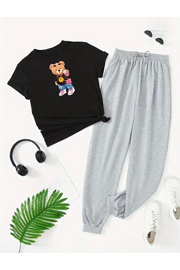 Fancy Plush Teddy Printed T-shirt Jogger Pants Comfortable Fit Black Tracksuit Set