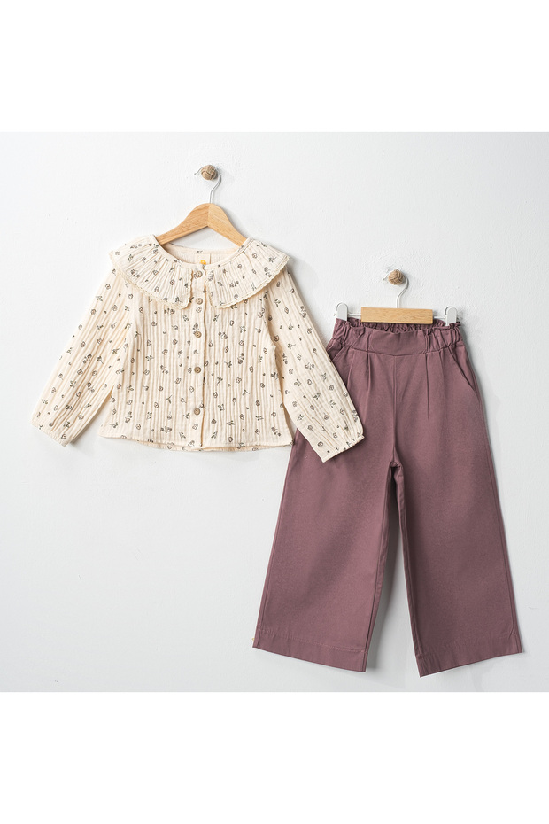 Baby Collar Muslin Shirt Elastic Waist Canvas Pants Set