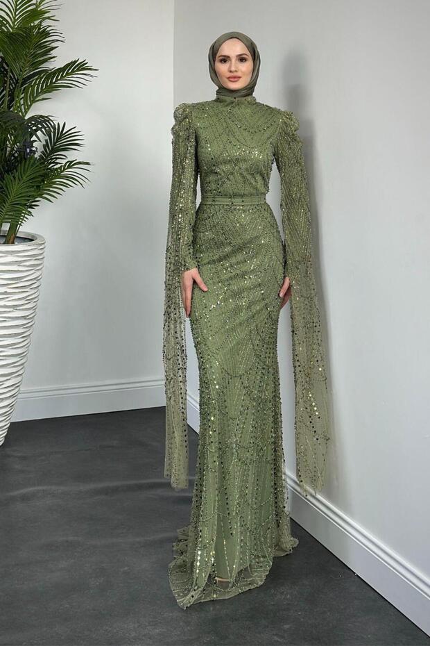 Khaki Fish Model Brunella Evening Dress with Cape and Stone Embroidery