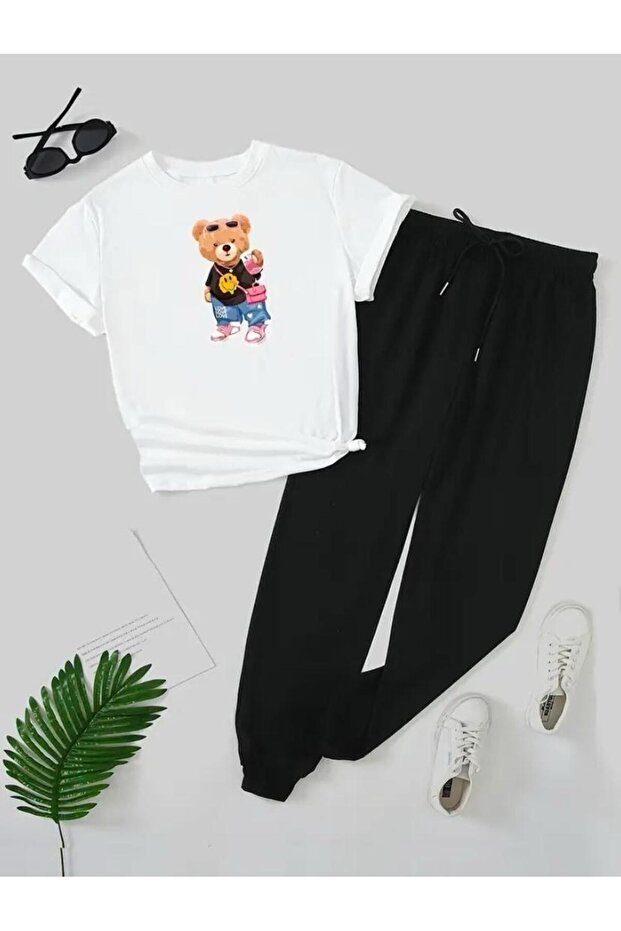Fancy Plush Teddy Printed T-shirt Jogger Pants Comfortable Fit Black Tracksuit Set