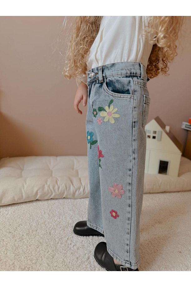 Yigit Butik Çiçek İşlemeli Kız Çocuk Denim Pantolon - 3